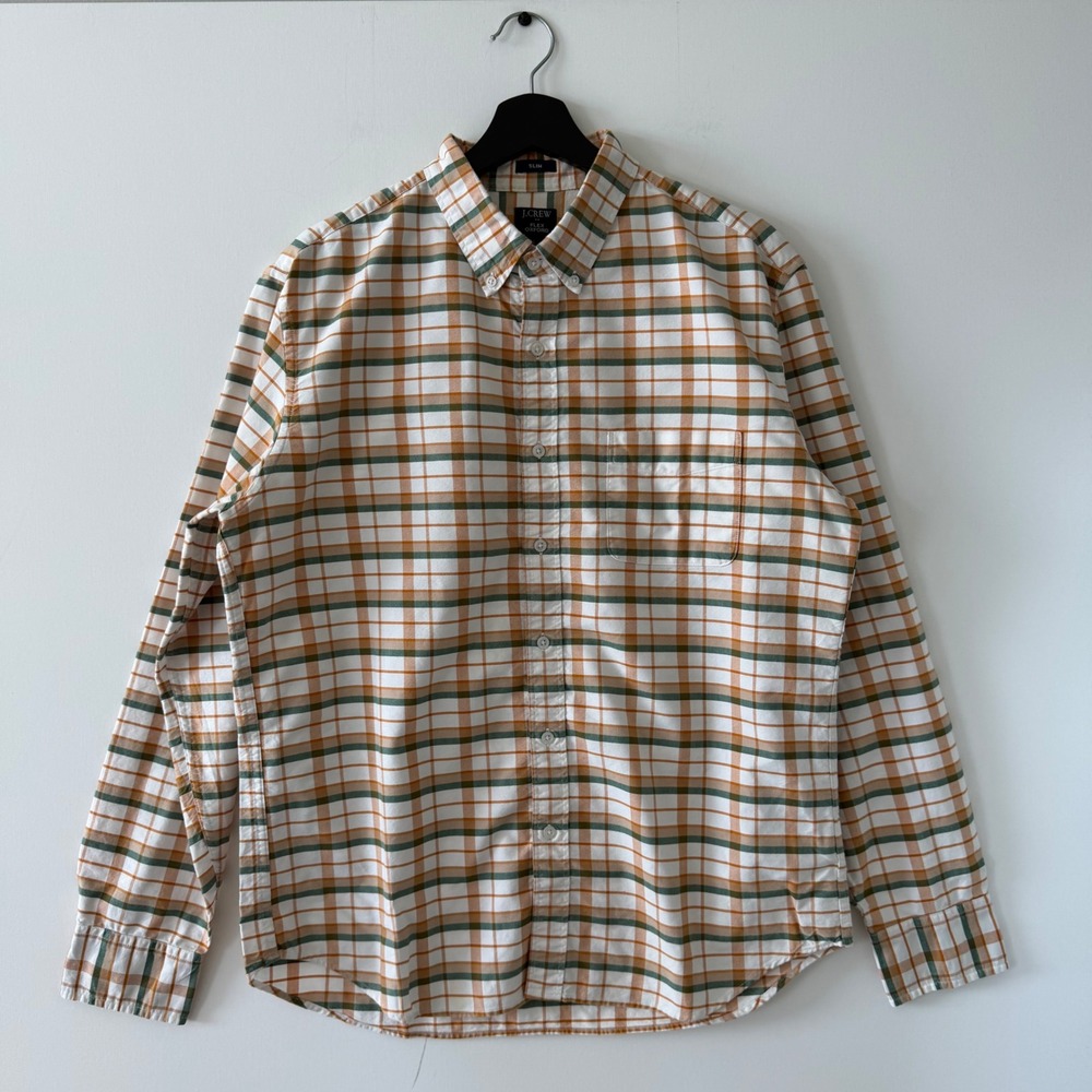 J.Crew Mens Flex Oxford Slim Fit Plaid Button Down Shirt Orange Green AS887 L